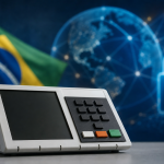 Urna eletrônica brasileira em ambiente institucional, representando o debate sobre soberania e integridade eleitoral