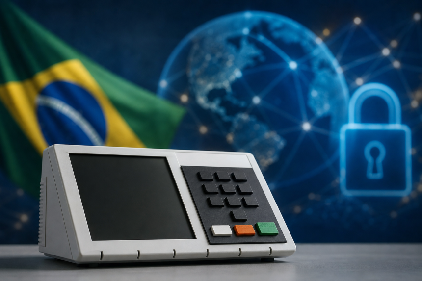 Urna eletrônica brasileira em ambiente institucional, representando o debate sobre soberania e integridade eleitoral