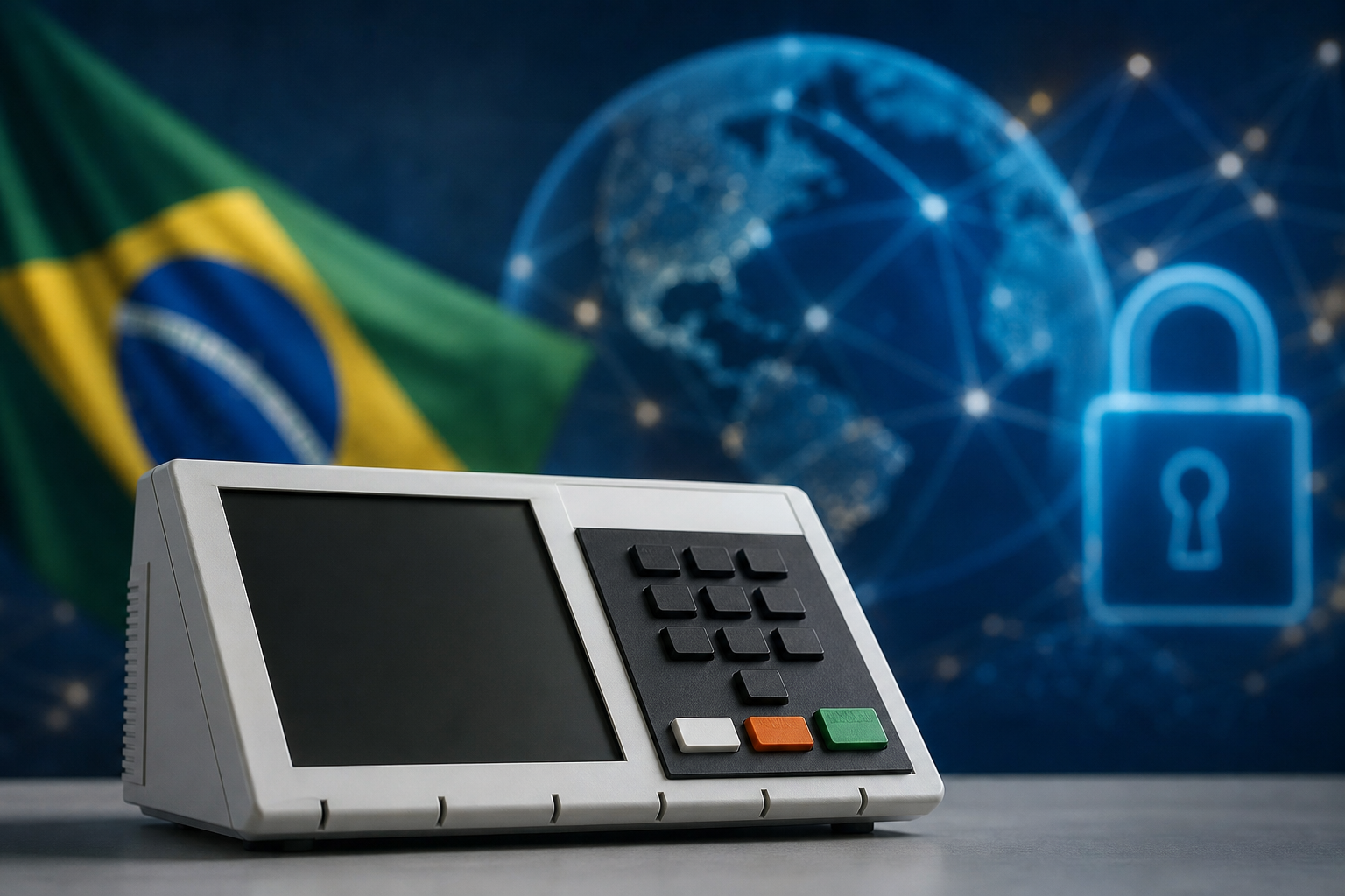 Urna eletrônica brasileira em ambiente institucional, representando o debate sobre soberania e integridade eleitoral