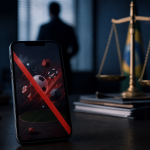 Celular com aplicativo de apostas desfocado ao lado de documentos e elementos simbólicos de fiscalização pública