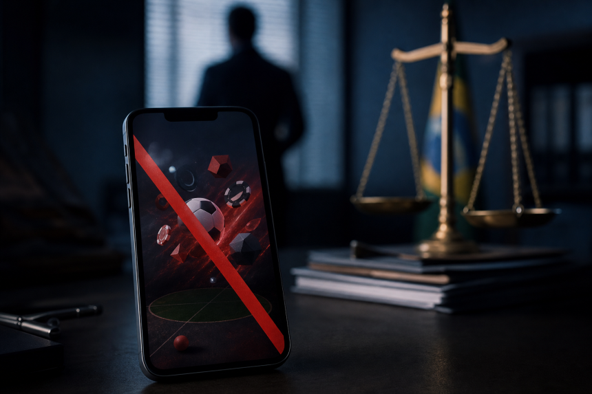 Celular com aplicativo de apostas desfocado ao lado de documentos e elementos simbólicos de fiscalização pública